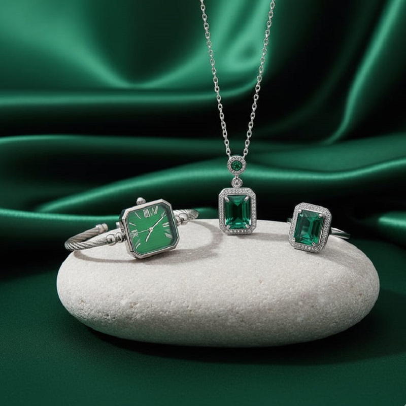 ست زنانه ساعت و گردنبند و انگشتر مدل زمرد-نقره ای